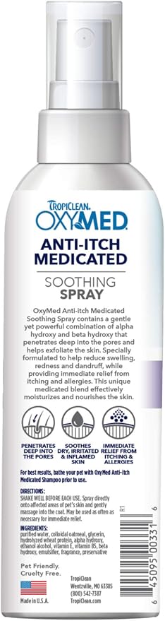 TropiClean OxyMed Hot Spot Treatment for Dogs, Medicated Dog Itching Skin Relief Spray, Anti-Itch Spray Quickly Soothes Skin Irriration, Alleviate Scratching, Chewing & Licking, Safe for Cats, 8oz