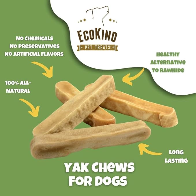 EcoKind Yak Cheese Himalayan Dog Chews, Yak Chews for Large Dogs, Long Lasting Bone for Aggressive Chewers, Only 3 Ingredients, Natural High Protein Treats, No Additives, Lactose Free, Large - 3 Chews