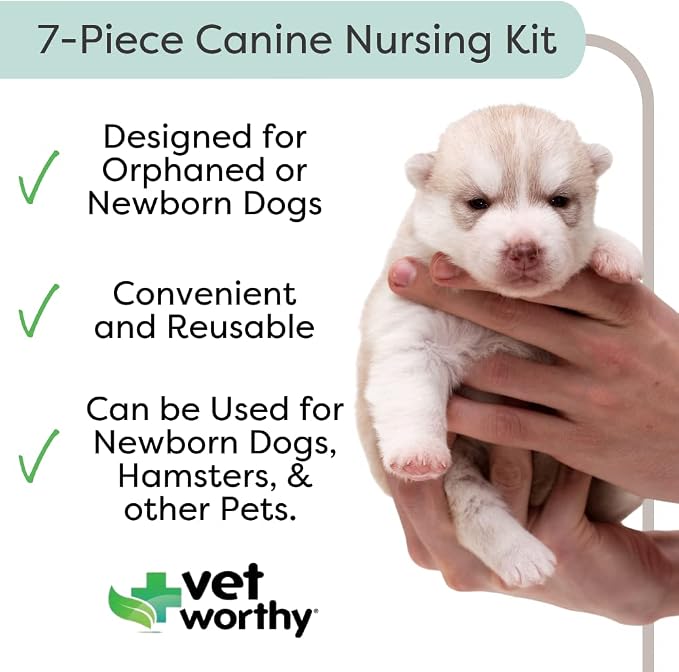 VetWorthy 7-Piece Canine Nursing Kit - Dog Nursing Set for Orphaned and Newborn Puppies - Pet Feeding Support Kit with Feeding Bottle, Milk Bottle Brush, and 5 Nipples