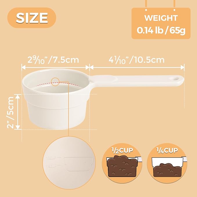 ComSaf Dog Food Scoop 1/2 Cup - MSBC Melamine Pet Food Scoop Measuring Cup for Dog Cat Ferret Rabbit Bird Food, Half Cup Scoop Food-Grade Pet Feed Scoops with Handle, Dishwasher Safe, White