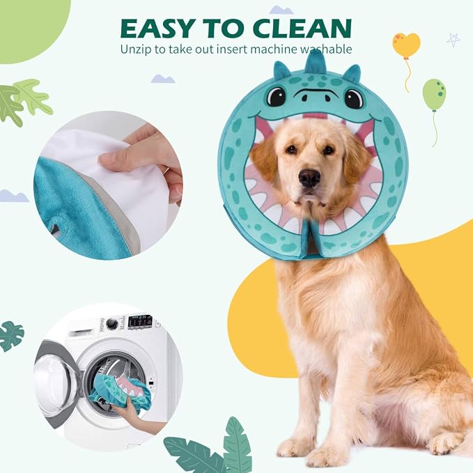 IEUUMLER Inflatable Recovery Dog Collar, Protective Donut Cone, Adjustable Soft Collar for Dog and Cat After Surgery Prevent from Biting & Scratching EU002 - Teal Dinosaur XL