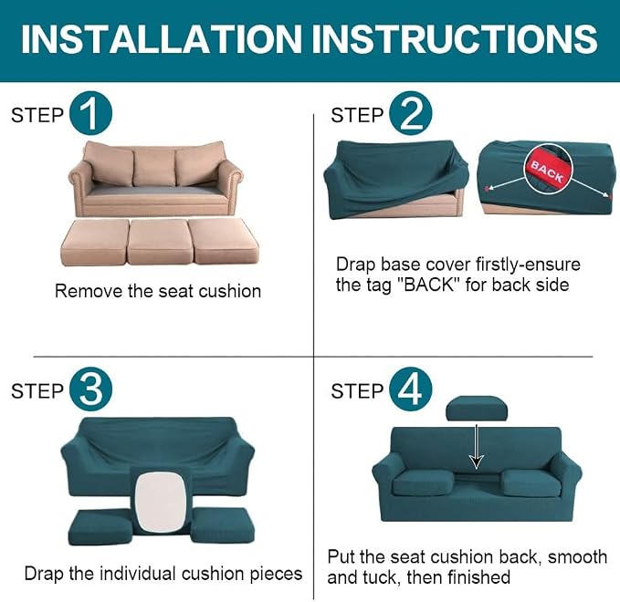 Turquoize 4 Piece Sofa Covers for 3 Cushion Couch Sofa Slipcover Soft Couch Cover for Dogs-Washable Sofa Furniture Covers with 3 Individual Large Cushion Covers Jacquard Fabric(XL Sofa,Deep Teal)