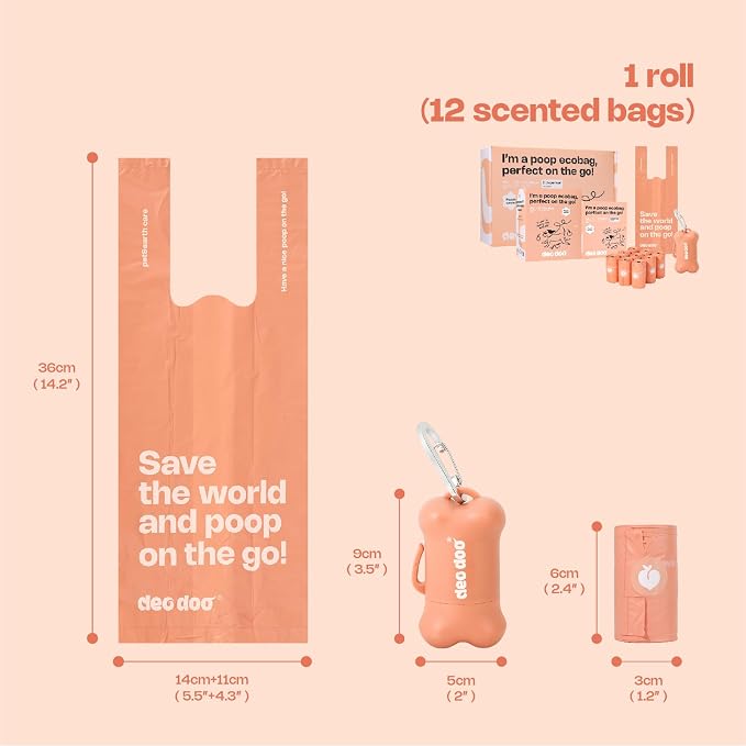 Deo Doo Dog Poop Bags with Handles 60 Rolls 720 Counts Big Sizes Leak Proof and Extra Thick Waste Bags Refill Rolls for Walking Small Medium Large Dogs Cats Litter With 2 Dispensers Peach Scented