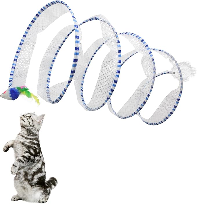 Andiker Spiral Tunnel for Cats, 21.45” Collapsible Cat Tunnel with Feather Toy and Plush Mouse Interactive Cat Toys for Indoor Cats to Relieve Boredom for Kitten (Blue)