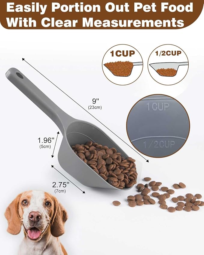 2PACK Dog-Cat Food-Scoop Measuring-Cup,1 Cup Capacity Versatile Plastic Pet Food Scoop with Measuring Lines 1 Cup and 1/2 Cup for Precise Portion Control (Grey and Green)