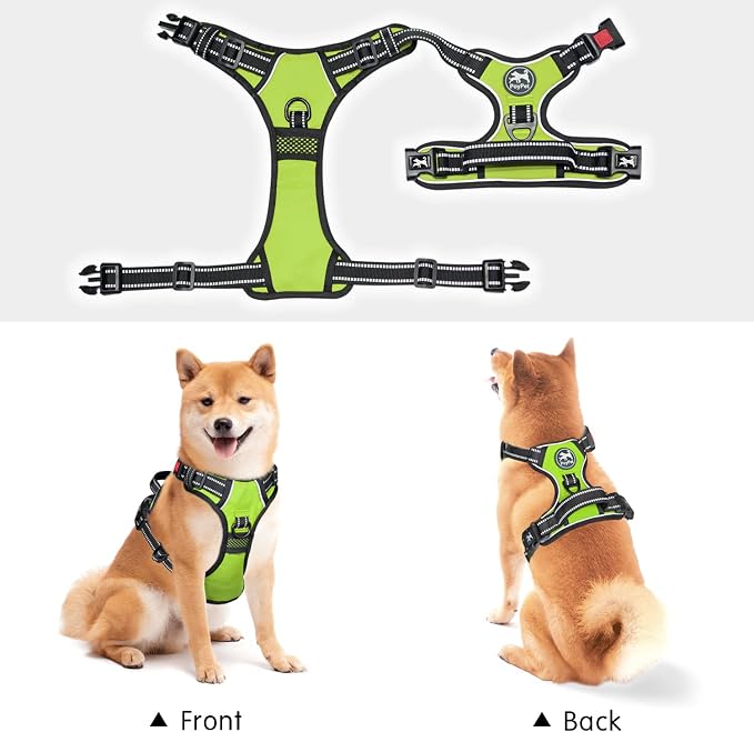 PoyPet No Pull Dog Harness, No Choke Front Lead Dog Reflective Harness, Adjustable Soft Padded Pet Vest with Easy Control Handle for Small to Large Dogs(Green,M)