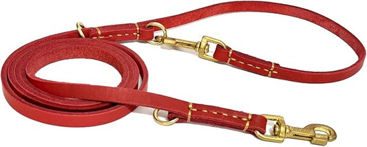 Multi Function 8ft Genuine Leather Hands Free Dog Training Leash for Puppy Small and Medium Dogs (8 Foot*3/8 inch, Red)