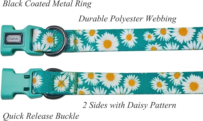 Dog Collar and Leash Set, Cute Daisy Pattern, Polyester Material, 5ft Leash, for Puppy Dogs.(Extra Small,Green Daisy)