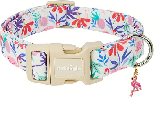 Summer Dog Collar for Medium Dogs，Cute Puppy Collars with Flamingo & Palm Leaves Parttern, Quick Release Buckle for Small Medium Large Dogs, Fashion Pet Collar for Girl Boy Dog-M