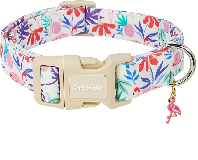 Summer Dog Collar for Small Dogs，Cute Puppy Collars with Flamingo & Palm Leaves Parttern, Quick Release Buckle for Small Medium Large Dogs, Fashion Pet Collar for Girl Boy Dog-S