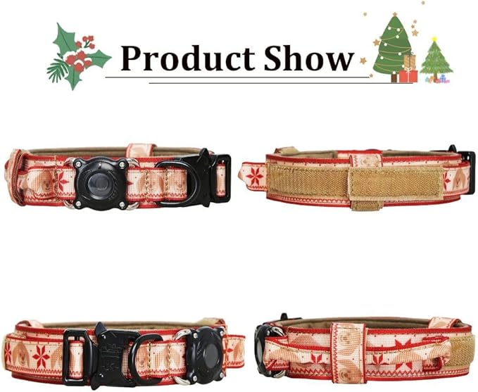Christmas Tactical Dog Collar with Airtag Holder Waterproof Dog Airtag Collar with Control Handle Adjustable Heavy Duty Dog Collars(Christmas Red，L