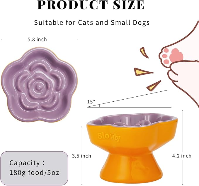 S&Q's Ceramics Raised Slow Feeder Cat Bowl, Ceramic Elevated Food Bowl Small Dogs Slow Feeder, Flower Shaped Cute Pet Dish for Dry and Wet Food (Purple, 5.8")