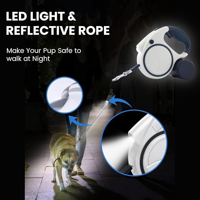 Best Dog Supplies Retractable Fancy Leash with Flashlight and Dispenser for Safe and Comfortable Walk with Your Pet - 16 ft White Dog Leash Suitable for All Pets