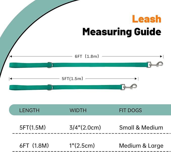 Waterproof Dog Leash, 5/6 FT Durable Odor-Proof Dog Leashes with Strong Metal Hooks Fits Small Medium or Large Dogs (Emerald Green, 6FT - 1 inch Width)