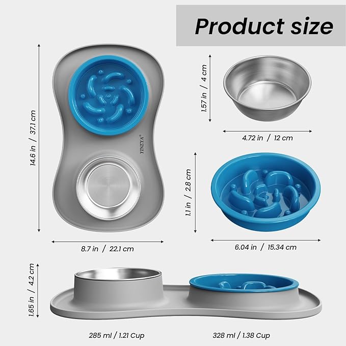 YINEYA 3 in 1 Slow Feeder Dog Bowls & Stainless Steel Food and Water Bowl with Non-Spill Dog Bowl Mat, Anti-Choking Puppy Bowls, Floor Safe & Easy Clean for Large Medium Small Dogs Cats