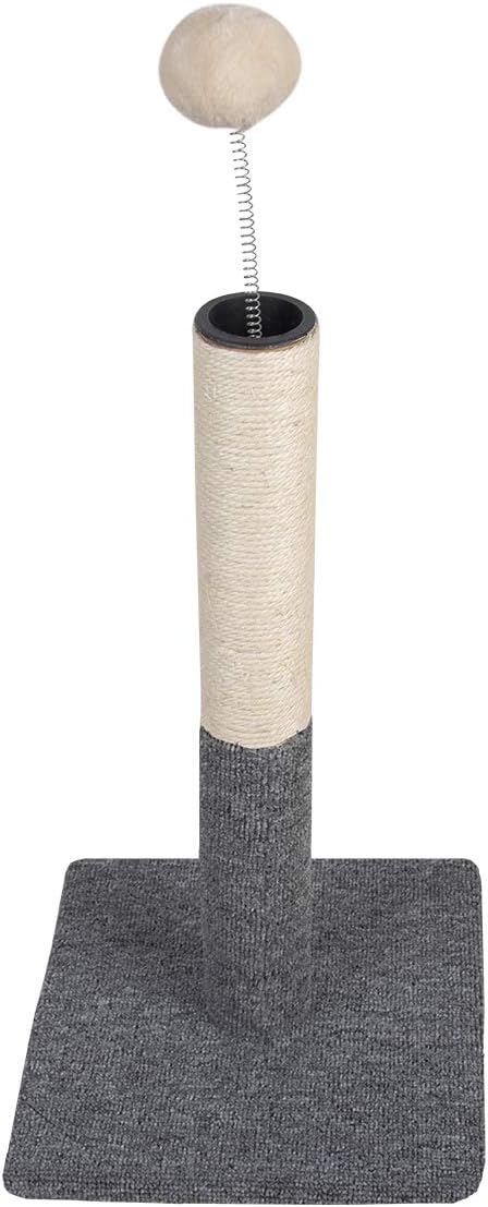 Cat Scratching Post with Carpet Botton Base and Spring Teasing Toy Ball for Indoor Cats and Kittens Grey