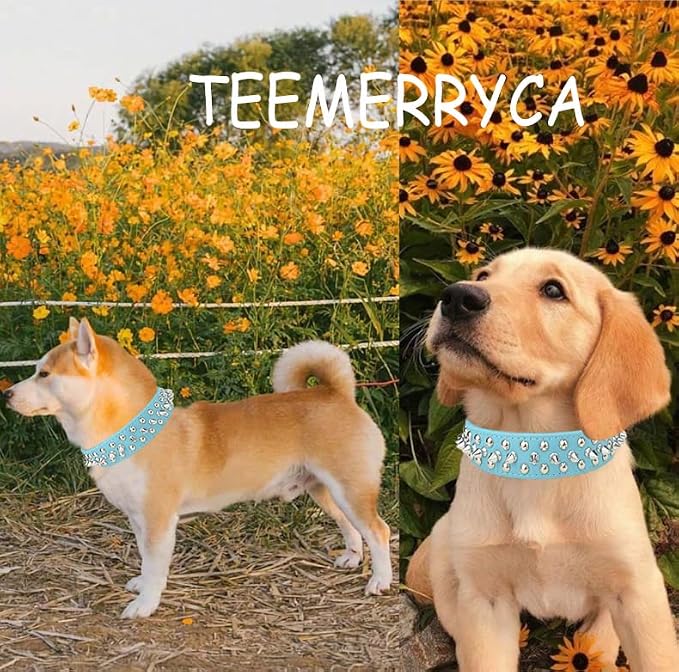 TEEMERRYCA Adjustable Microfiber Leather Spiked Studded Dog Collars with a Squeak Ball Gift for Small Medium Large Pets Like Cats/Pit Bull/Bulldog/Pugs/Husky, Blue, S 10.8-13.2 inches