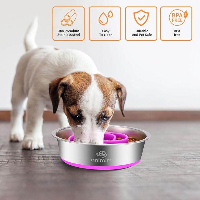 2-in-1 Metal Dog Bowl with Slow Feeder Insert, Stainless Steel Dog Bowls Food Grade 304, Water Food Bowl with Anti-Slip Silicone Base for Small & Medium Dogs(Purple, 3 Cups)