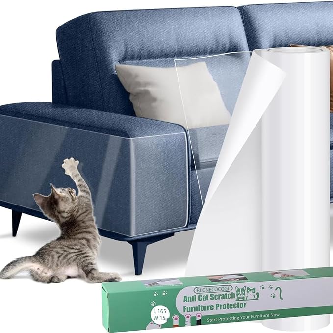 [Thicken Vinyl] Cat Scratch Furniture Protector, 165"x15" Couch Protector from Cat Claws, Single-Sided Sticky Anti Scratch Furniture Protector,Extended Size Protects More Furniture+50 Fixing