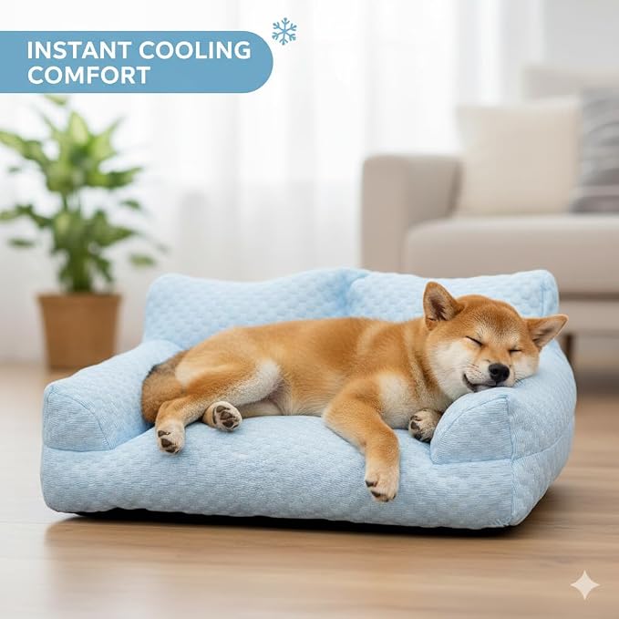 Cooling Dog Bed Cat Bed, Washable Pet Sofa Bed with 5D Breathable Fabric, Orthopedic Calming Bolster Bed for Small Medium Large Dogs & Cats, High-Resilience PP Cotton Blue 21.7"x15.7"x9.8"