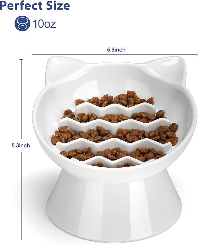 Ceramic Slow Feeder Cat Bowl, 2 Cups Tilted Elevated Cat Slow Feeder Bowl for Dry and Wet Food, Honeycomb Design for Preventing Vomiting & Bloating (White-Cute Kitten)