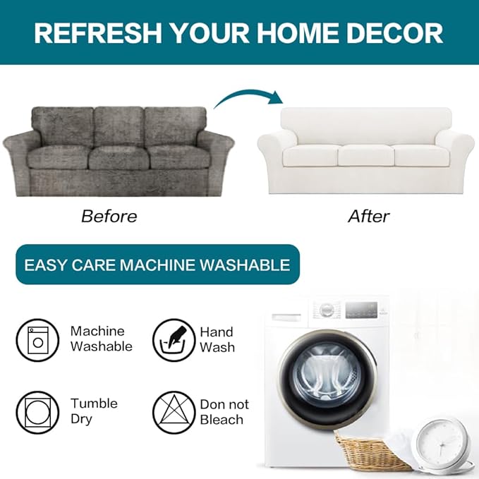 Turquoize 4 Piece Sofa Covers for 3 Cushion Couch Sofa Slipcover Soft Couch Cover for Dogs-Washable Sofa Furniture Cover with 3 Individual Cushion Covers (3 Cushion Sofa, Porcelain White)
