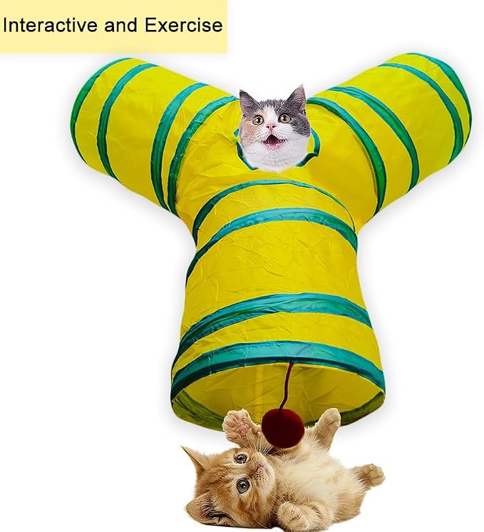 Cat Tunnel Tube Toys，Tunnels for Indoor Cats, Collapsible Interactive Toy with Balls for Rabbits, Kittens, Ferrets, Puppy (3 Way Yellow Green)