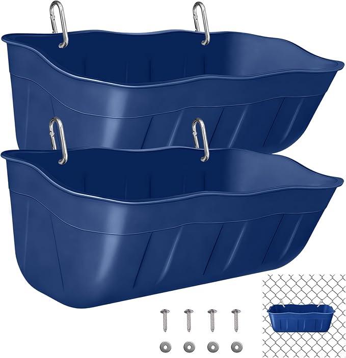 Hanging Chicken Feeders,Duck Feeder Waterer,Small Feed Trough 1.3 Quart 2 Pack,Hanging Fence Feed Trough for Poultry,Blue