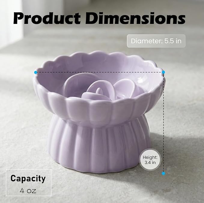 Ceramic Cat Slow Feeder, Raised Slow Feeder Cat Bowl, Anti Vomiting and Whisker Friendly Kitty Dish, Elevated Puppy Kitten Food Bowl for Dry and Wet Food (Purple)