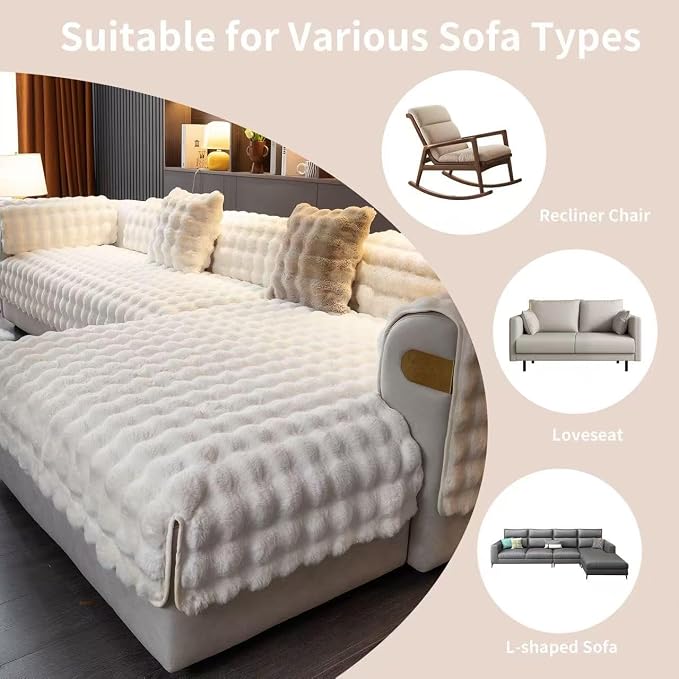 Faux Fur Couch Cover, Soft Warm Plush Sofa Couch Cover, Non Slip Sectional Sofa Slipcovers for L Shaped, Washable Furniture Protector for Kids, Dogs(White, 36"x 94")