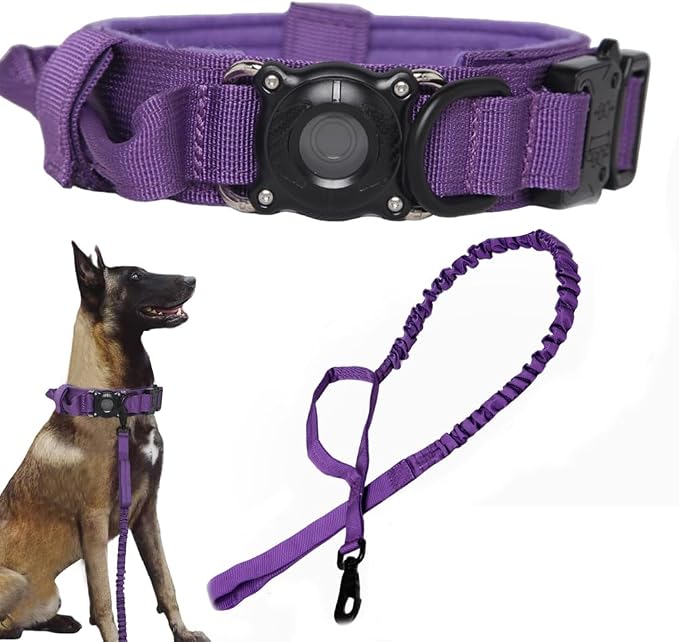 Tactical Dog Collar and Leash Set with Airtag Holder Waterproof Dog Airtag Collar with Handle Adjustable Heavy Duty Dog Collar Leash Set(DeepPurple，L