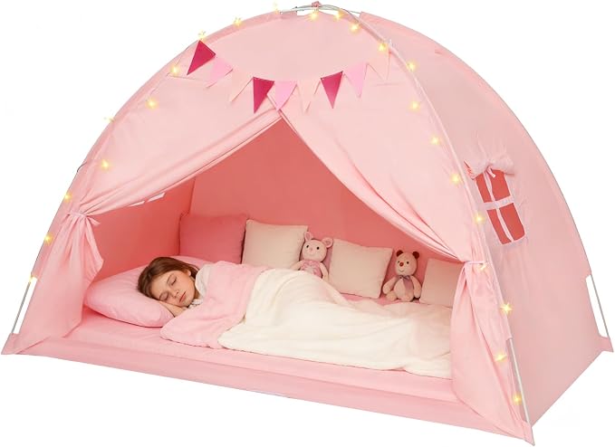 Twin Bed Tent Canopy, Indoor Blackout Privacy Toddler Bed Tent for Kids with Light, Portable Sleeping Floor Kids Playhouse (Pink, Twin Size)