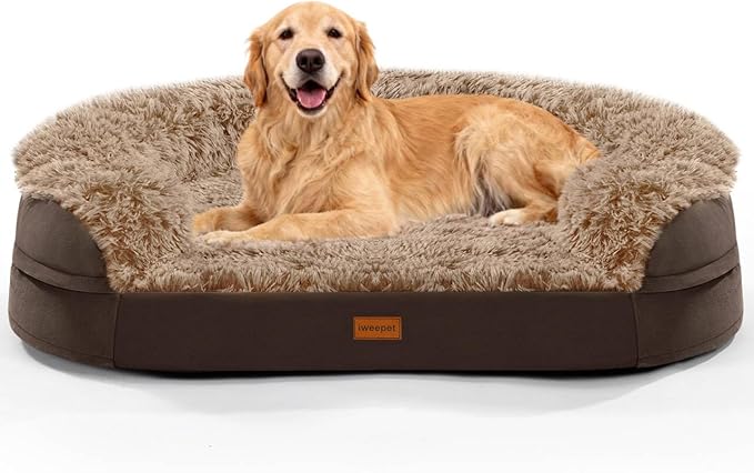 iweepet Fluffy Orthopedic Dog Beds for Large & Extra Large Dogs, 44" Dog Sofa Bed with Supportive 28D Egg-Crate Foam, Removable Washable Cover, Waterproof Lining, for Puppy,Senior,Sick,Brown