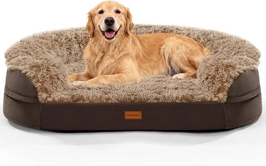 iweepet Fluffy Orthopedic Dog Beds for Large & Extra Large Dogs, 44" Dog Sofa Bed with Supportive 28D Egg-Crate Foam, Removable Washable Cover, Waterproof Lining, for Puppy,Senior,Sick,Brown