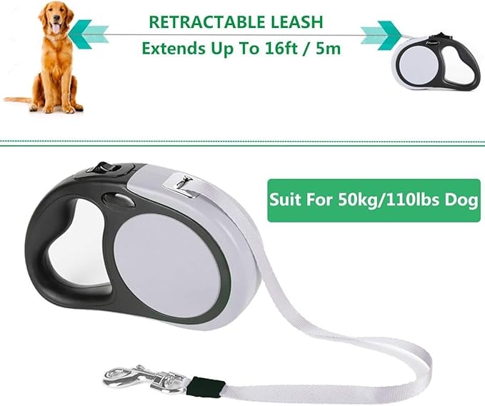 Dual Retractable Dog Leash for 2 Large Dogs (Up to 110 Lbs Each) - Double Headed 18.5 ft Extendable Pet Leash with Poop Bags, Non Slip Grip - One Button Break & Lock, 360 Tangle-Free (Gray, Large)