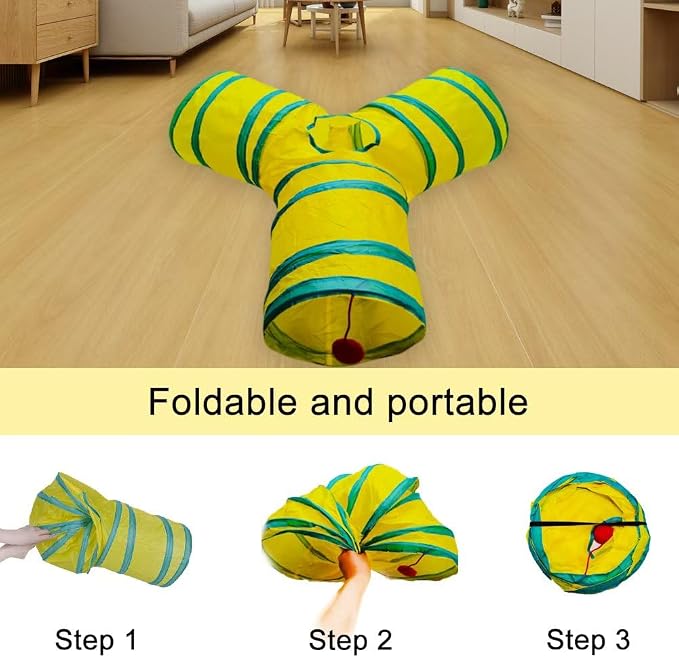 Cat Tunnel Tube Toys，Tunnels for Indoor Cats, Collapsible Interactive Toy with Balls for Rabbits, Kittens, Ferrets, Puppy (3 Way Yellow Green)