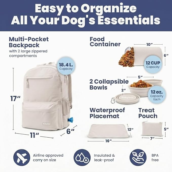 Dog Travel Bag for Supplies - Complete Dog Diaper Bag Backpack with 2 BPA-Free Travel Bowls, Treat Pouch, Food Container, Placemat & Laptop Sleeve – for Traveling, Road Trips, Hiking: Beige