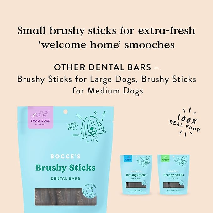 Bocce's Bakery Dailies Brushy Sticks to Support Oral Health & Fresh Breath, Wheat-Free Dental Bars for Dogs, Made with Real Ingredients, Baked in the USA, Natural Coconut & Mint Recipe, Small Dogs