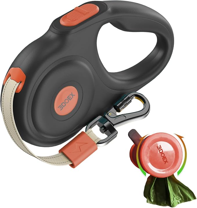 Retractable Dog Leash 10FT for Small & Medium Dogs, Sturdy Heavy-Duty Nylon Tape with Secure Locking Carabiner & Poop Bag Holder, Smooth One-Hand Control, Anti-Slip Handle, Tangle-Free Design (Black)