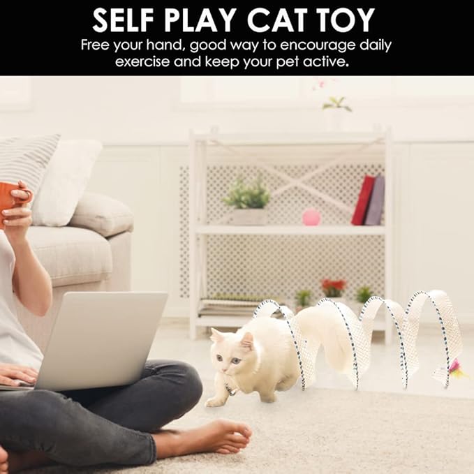 Spiral Tunnel Cat Toy, 25.59 Inches Unfolded with Cat Wand Self Play Collapsible, Hunting Spiral Tunnel with Feather Mouse Toys and Bell for Indoor Kitten Play Chase Exercise (Blue)