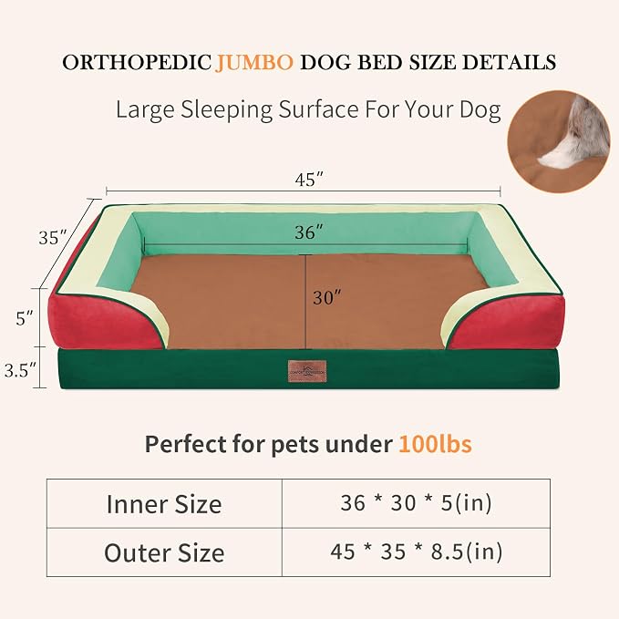 Comfort Expression Orthopedic Dog Bed for Extra Large Dogs 45x35 Inch, Waterproof Egg Crate Foam XL Pet Bed with Bolsters, Dog Couch with Washable Cover & Non-Slip Bottom, Watermelon Mist