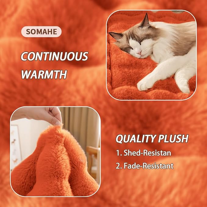SOMAHE Cat Bed Mat, Soft Plush Faux Fur Kneading Pet Bed, Machine Washable Cat Sleeping Pad for Indoor Cats & Kittens, Non-Slip Fluffy Cat Rug for Couch Sofa Floor, 23x15 Inch Orange