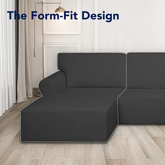 PureFit Super Stretch Sectional Couch Covers - 2 pcs Spandex Non Slip Sofa Covers with Elastic Bottom for L Shape Sectional Sofa Couch, Great for Kids & Pets (3 Seat Sofa + 2 Seat Chaise, Dark Gray)