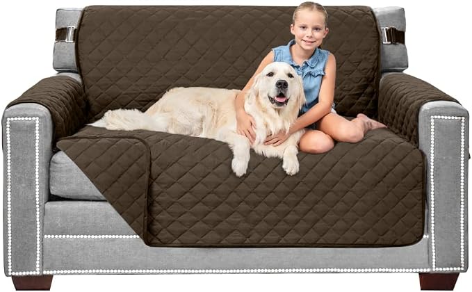Sofa Shield® Couch Loveseat Covers for Dogs, Reversible Furniture Protector with Strap, Stain and Tear Resistant Cushion Cover, 54 inch Seat, Machine Washable Slipcover Pets, Cats, Chocolate
