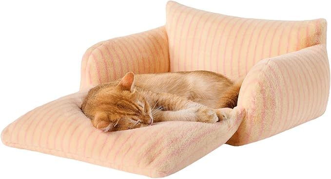 Hollypet Cat Bed Fluffy Plush Multifunctional Double-Layer Machine Washable Soft Warming Kitty Pet Couch Orthopedic Nest Beds for Small Cats Kitten and Dogs up to 13lbs, Pink Stripes(21x15x8 inch)