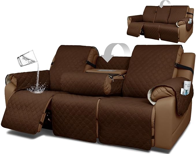 Waterproof Recliner Sofa Covers with Flipped Middle Backrest Washable Recliner Couch Covers Non-Slip with Elastic Straps Furniture Protector for Kid Dogs Pets (Brown)