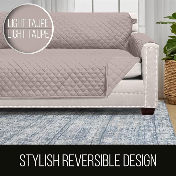 Sofa Shield® Couch Slip Covers for Dogs, Reversible Furniture Protector with Strap, Stain and Tear Resistant Cushion Cover, 62 inch Seat, Machine Washable Slipcover Pets, Cats, Light Taupe