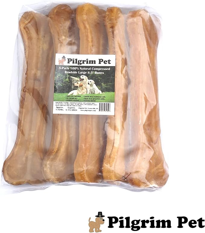 Dog Bones Long Lasting 5-Pack – Natural Compressed Rawhide Bones for Aggressive Chewers – Zero Flavors, Preservatives – Safe Dog Treats Ideal for All Breeds and Sizes (Large ~ 8.5")