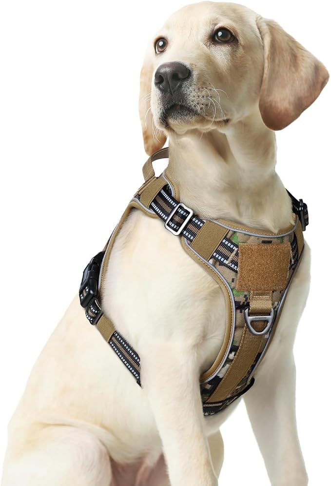 rabbitgoo Dog Harness Medium Sized No Pull, Tactical Service Pet Vest with Molle and Control Handle, Adjustable and Reflective Military Harness for Easy Walking and Training, Brown Camo, M