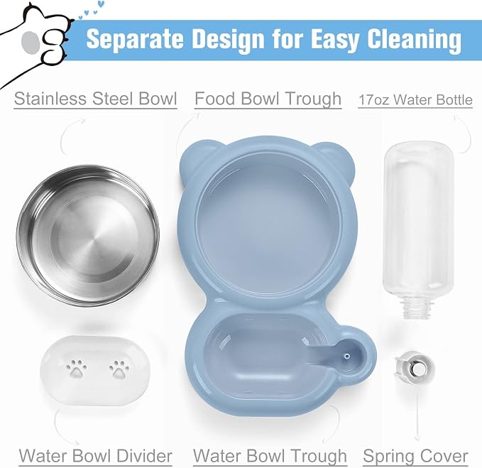 Double Dog Cat Bowls, Cat Food and Water Bowl Set with Auto-Water Dispenser and Stainless Steel Bowl Feeder for Small Size Dogs & Cats, Anti-Slip & Splash Design, Cute Blue